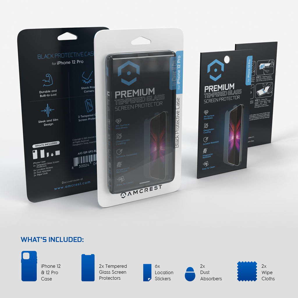 Amcrest iPhone 12 Pro Case w/ 2x Tempered Glass AIC-12P-SP2-BLACK