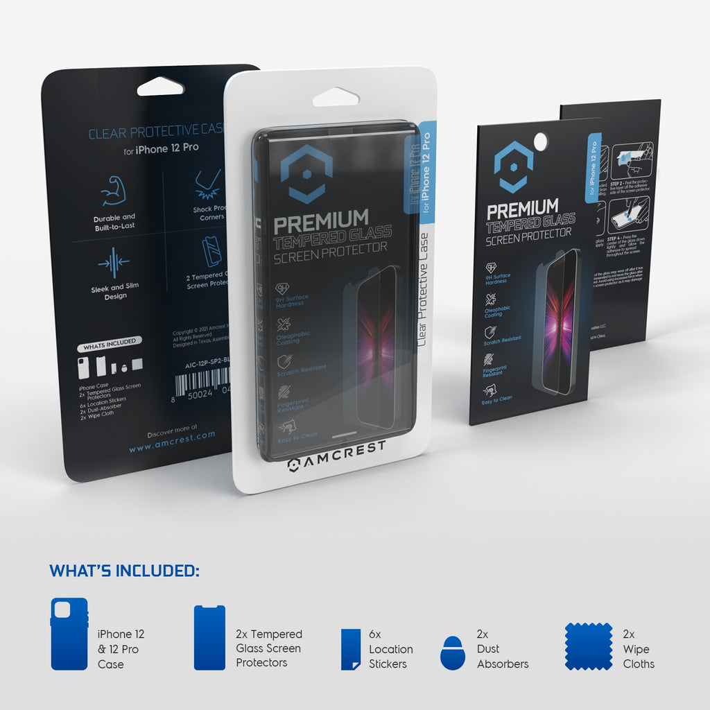 Amcrest Case for iPhone 12 Pro Case 2x Tempered Glass Protectors Clear