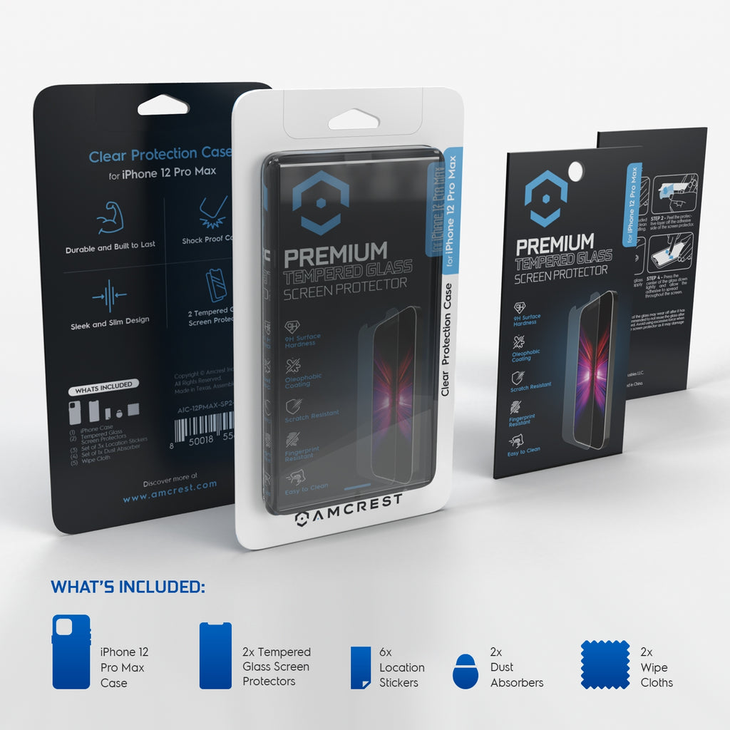Amcrest Case for iPhone 12 Pro Max 2x Tempered Glass Protector Clear