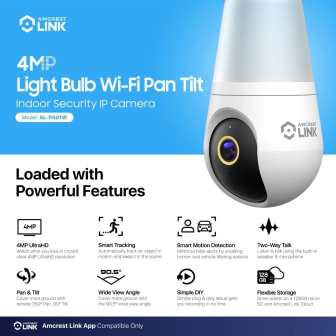 Amcrest Link 4MP Light Bulb WiFi Security Camera White AL-L411W