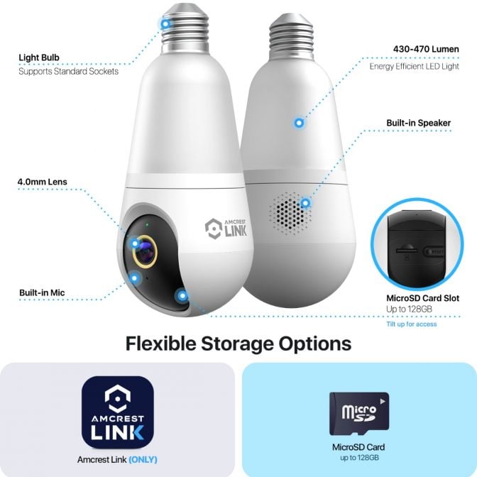 Amcrest Link 4MP Light Bulb WiFi Security Camera White AL-L411W