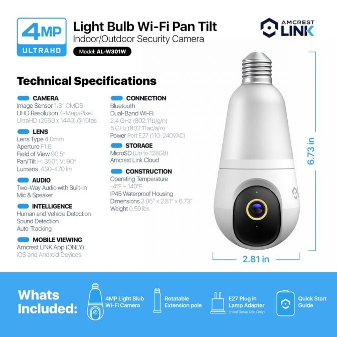 Amcrest Link 4MP Light Bulb WiFi Security Camera White AL-L411W
