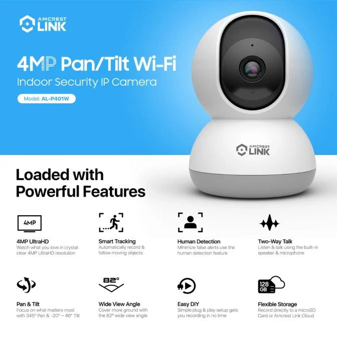 Amcrest Link 4MP WiFi Security Camera Pan/Tilt Dual Band 2.4/5Ghz White AL-P401W