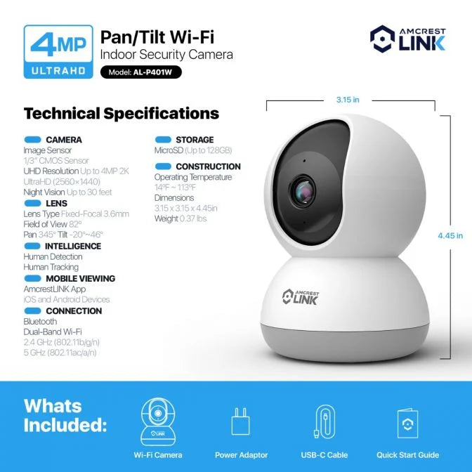 Amcrest Link 4MP WiFi Security Camera Pan/Tilt Dual Band 2.4/5Ghz White AL-P401W