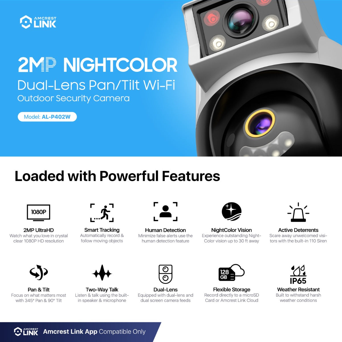 Amcrest Link 2MP WiFi Security Camera Pan/Tilt Dual Band 2.4Ghz/5Ghz Networks White AL-P402W