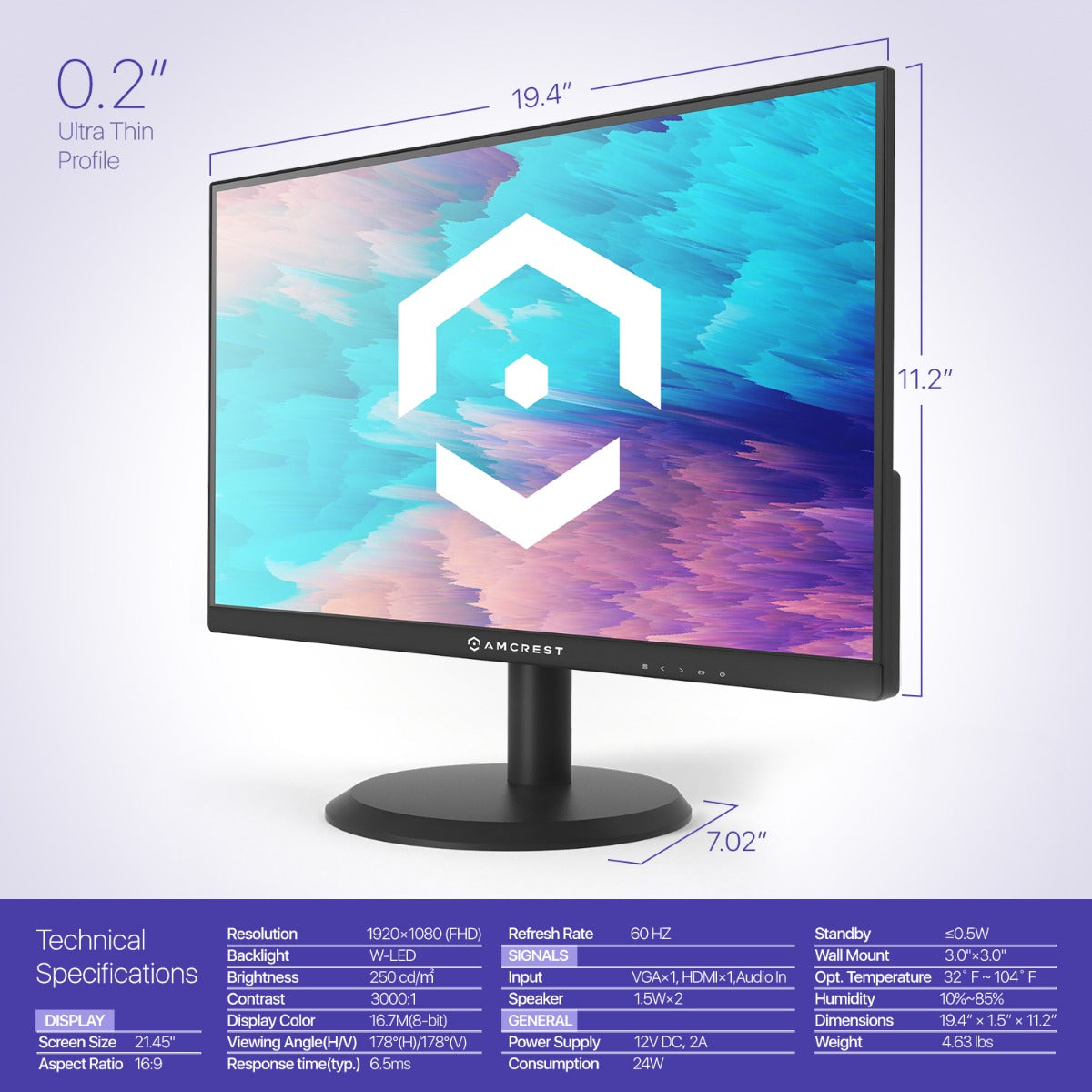 Amcrest 24/7 Surveillance Video Monitor, 22 inch PC Computer NVR/DVR Monitor, 1080p FHD 60Hz with HDMI VGA, Micro Bezel Design, W-LED for Home Office, Monitor AM-LM22