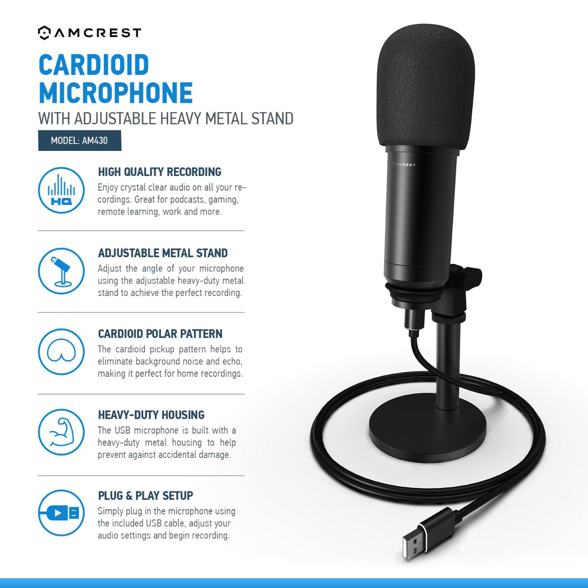 Amcrest USB Microphone for Voice Recordings Cardioid Microphone AM430