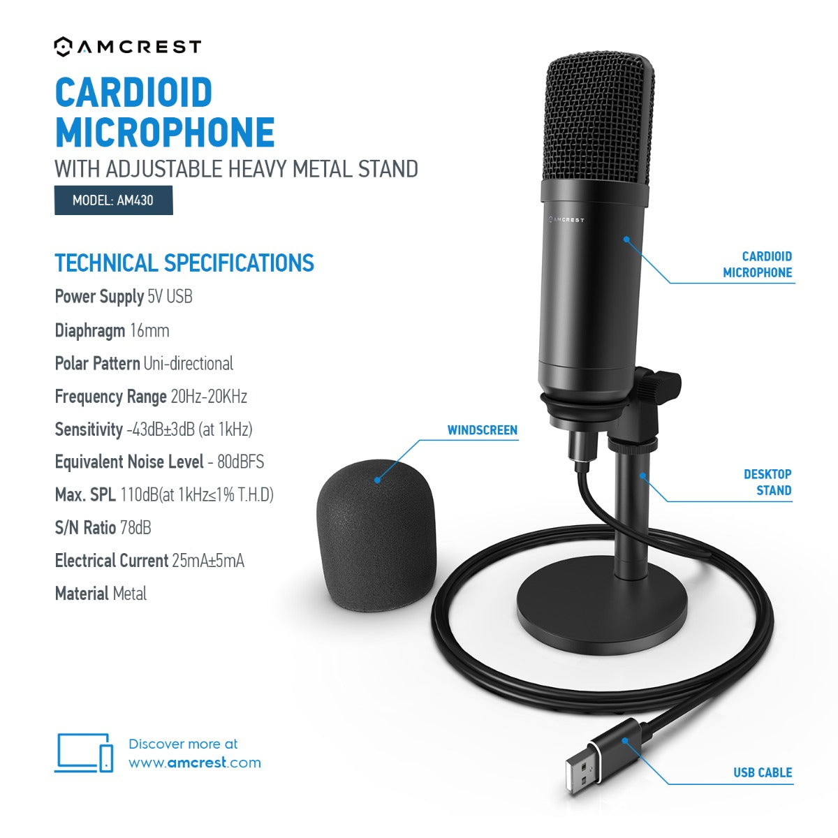 Amcrest USB Microphone for Voice Recordings Cardioid Microphone AM430