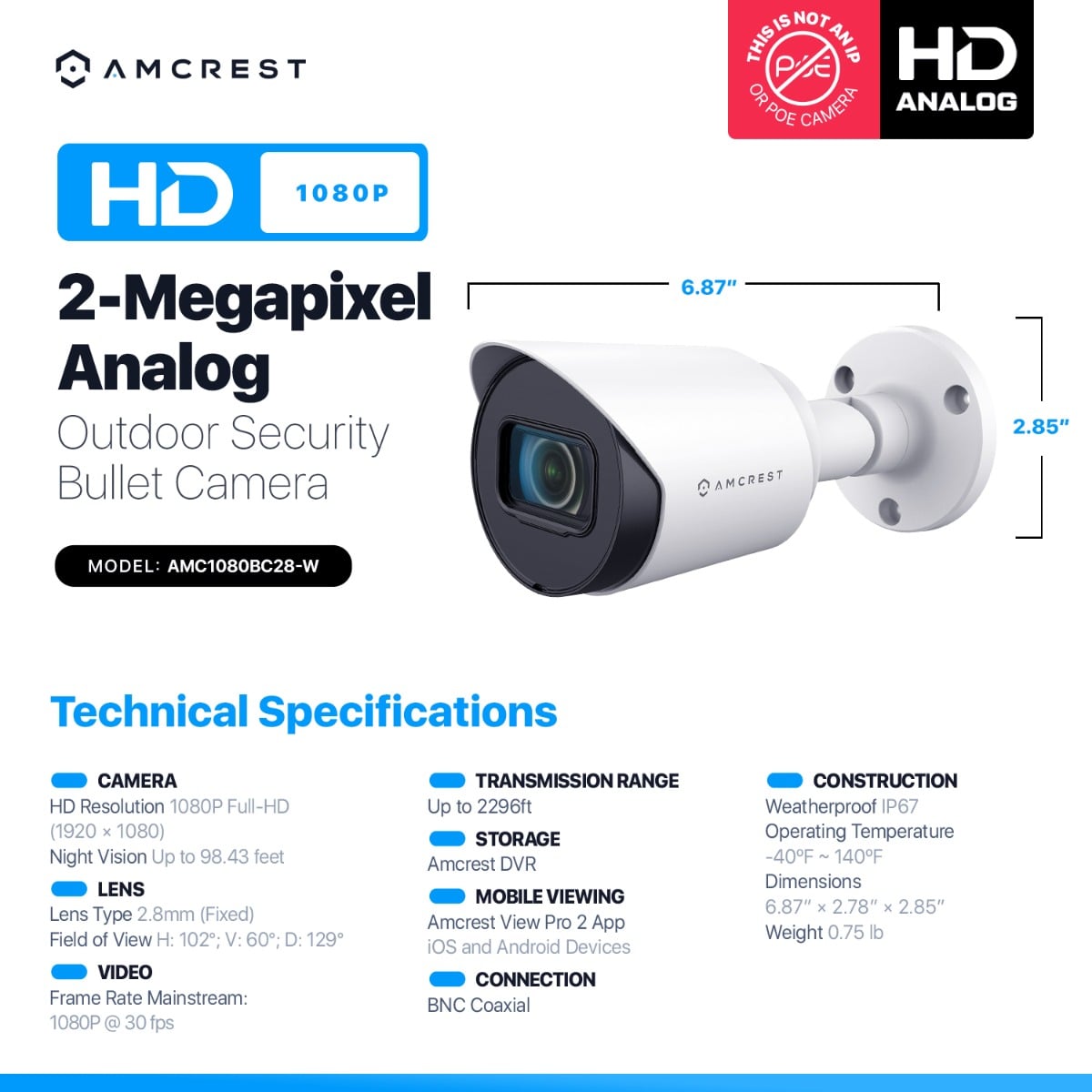 Amcrest 2MP Bullet Security Camera HD-CVI/TVI/AHD/Analog AMC1080BC28-W
