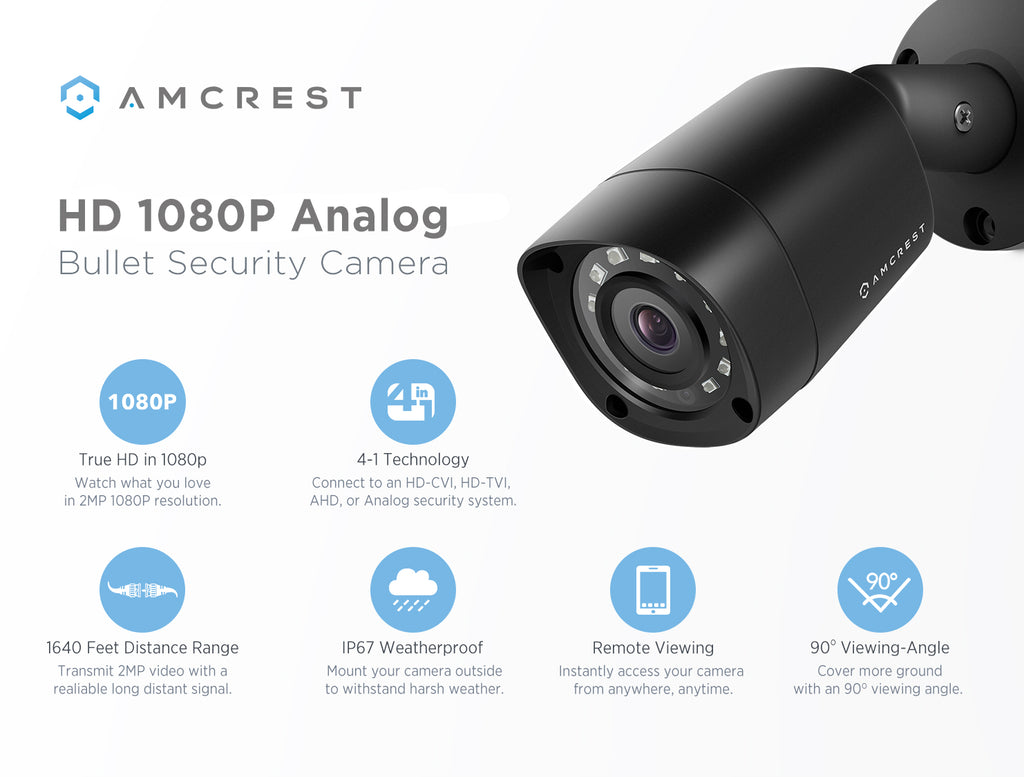 Amcrest Full HD 1080P 1920TVL Bullet Outdoor Security Camera (Quadbrid 4-in1 HD-CVI/TVI/AHD/Analog), 2MP 1920x1080, 98ft Night Vision, Metal Housing, 3.6mm Lens 90° Viewing Angle, Black (REP-AMC1081BC36-B) (Certified Refurbished)