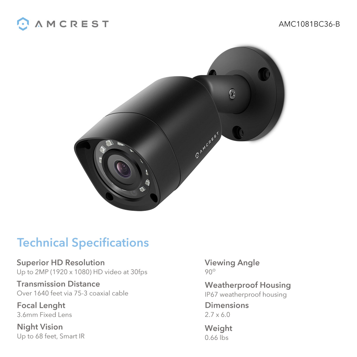 Amcrest Full HD 1080P 1920TVL Bullet Outdoor Security Camera (Quadbrid 4-in1 HD-CVI/TVI/AHD/Analog), 2MP 1920x1080, 98ft Night Vision, Metal Housing, 3.6mm Lens 90° Viewing Angle, Black (REP-AMC1081BC36-B) (Certified Refurbished)