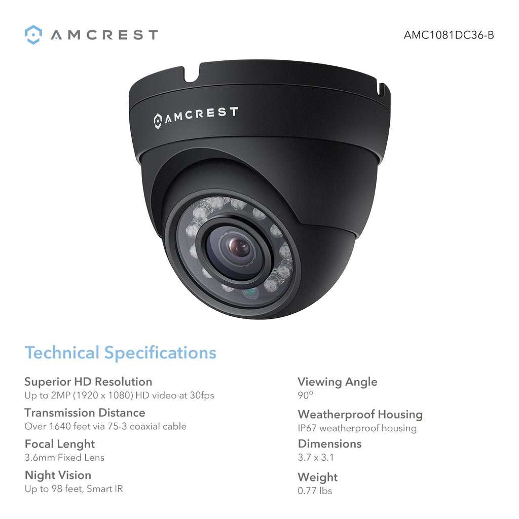 Amcrest Eco-Series 1080p HD Security Camera, Weatherproof IP67 Dome Camera, 65ft IR LED Night Vision (AMC1081DM36-B)