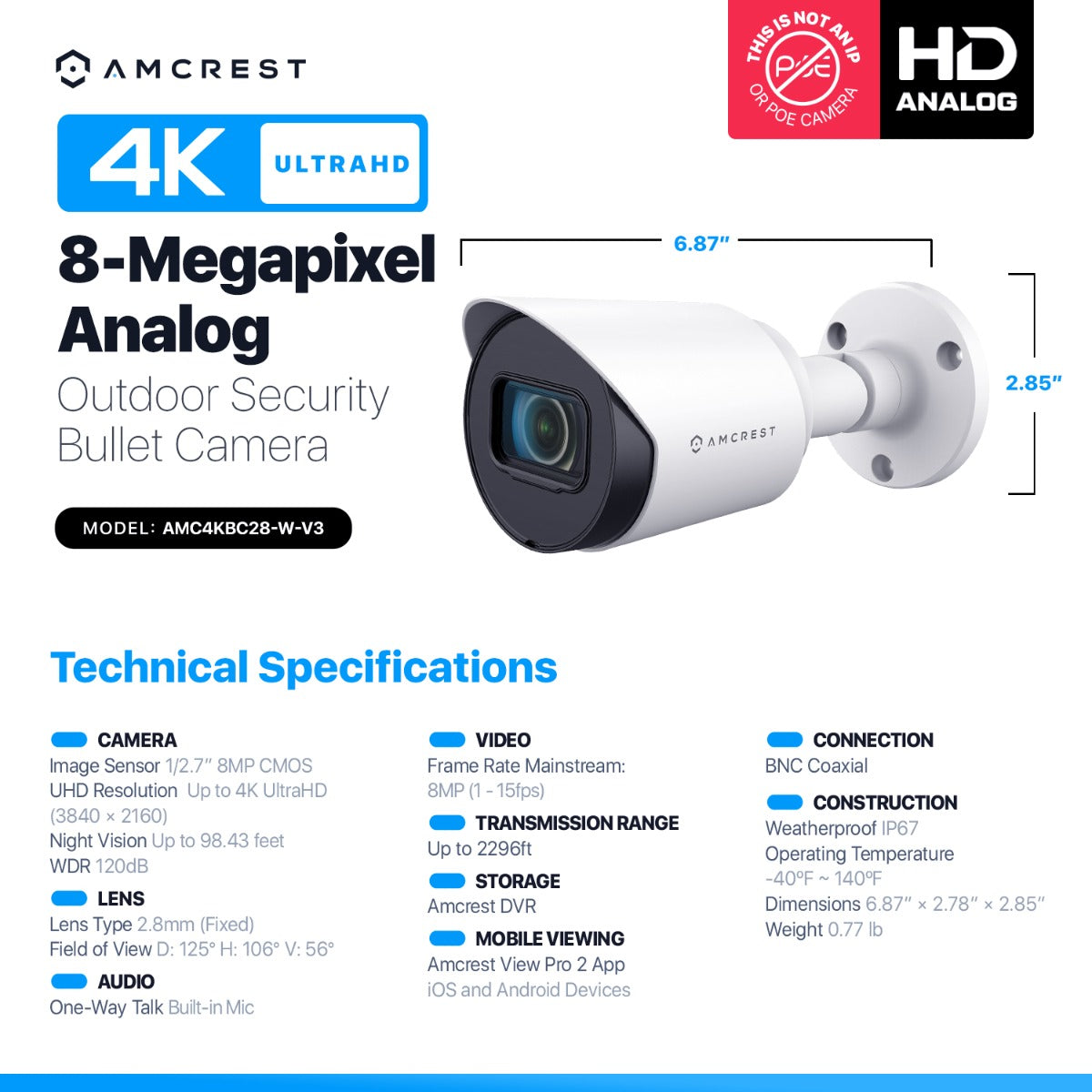 Amcrest 4K Analog Bullet Security Camera Built-in Mic (AMC4KBC28-W-V3)