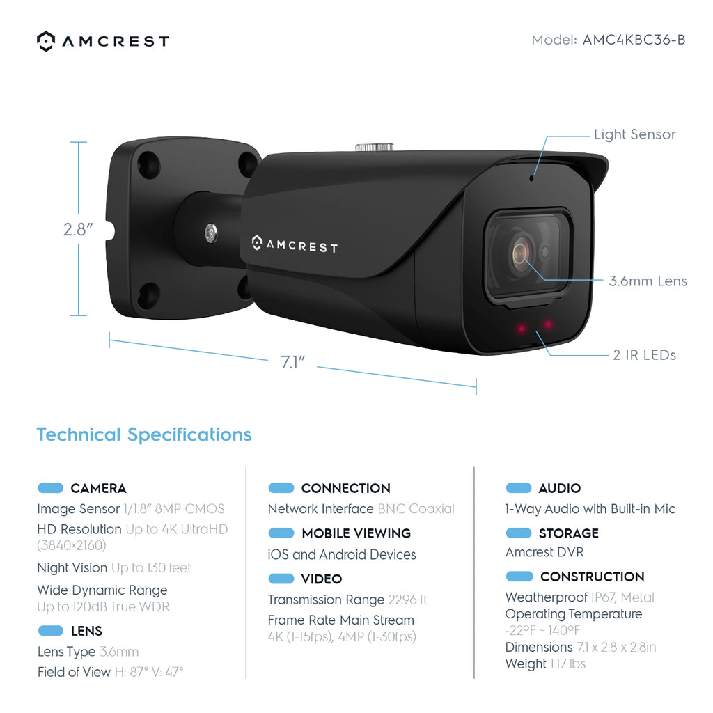 Amcrest 4K Bullet Analog Security Camera Built in Mic Blk AMC4KBC36-B