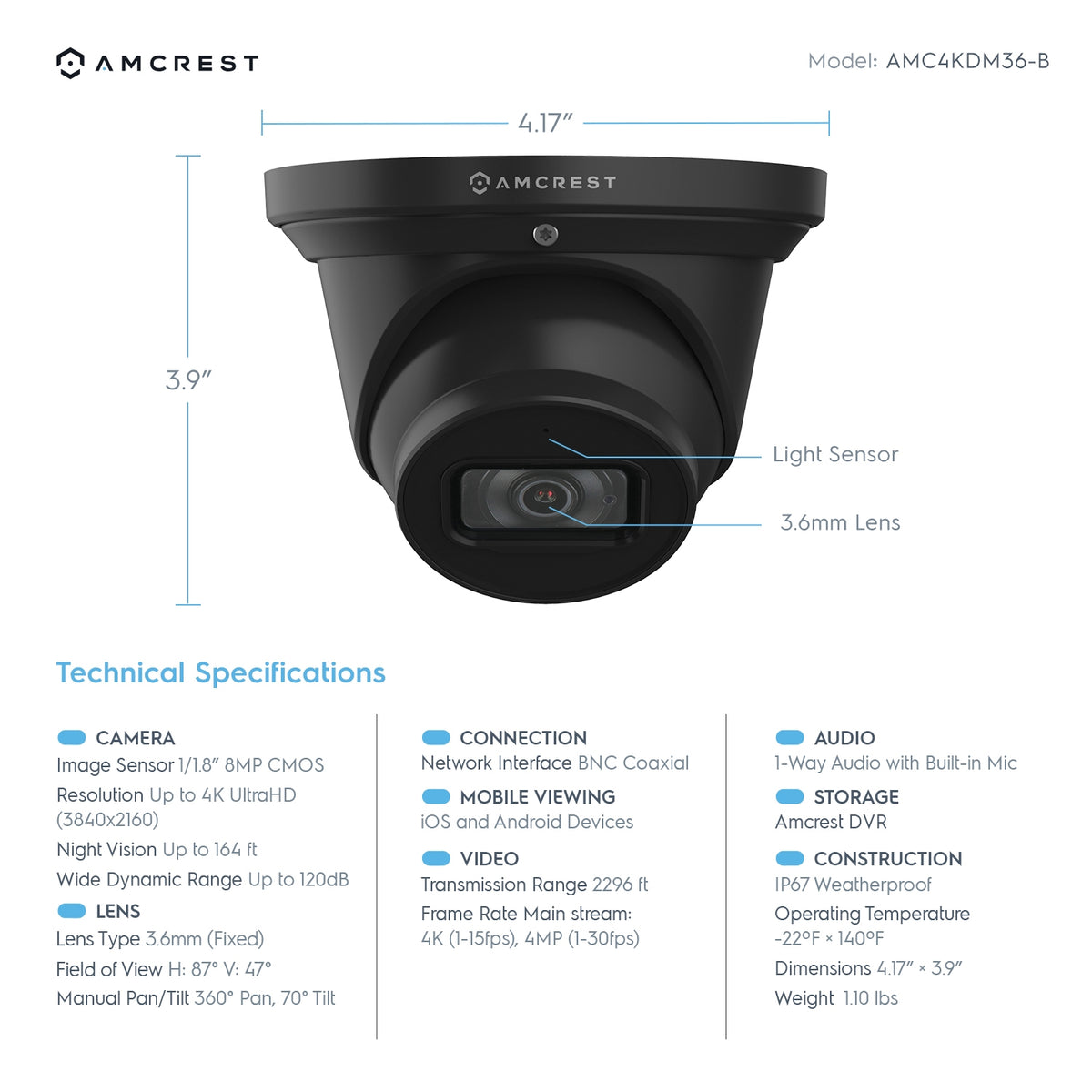 Amcrest 4K Dome Analog Security Camera Built in Mic Black AMC4KDM36-B