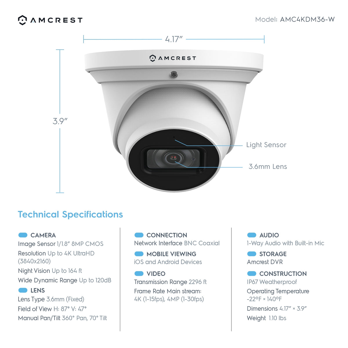 Amcrest 4K Dome Analog Security Camera Built in Mic White AMC4KDM36-W