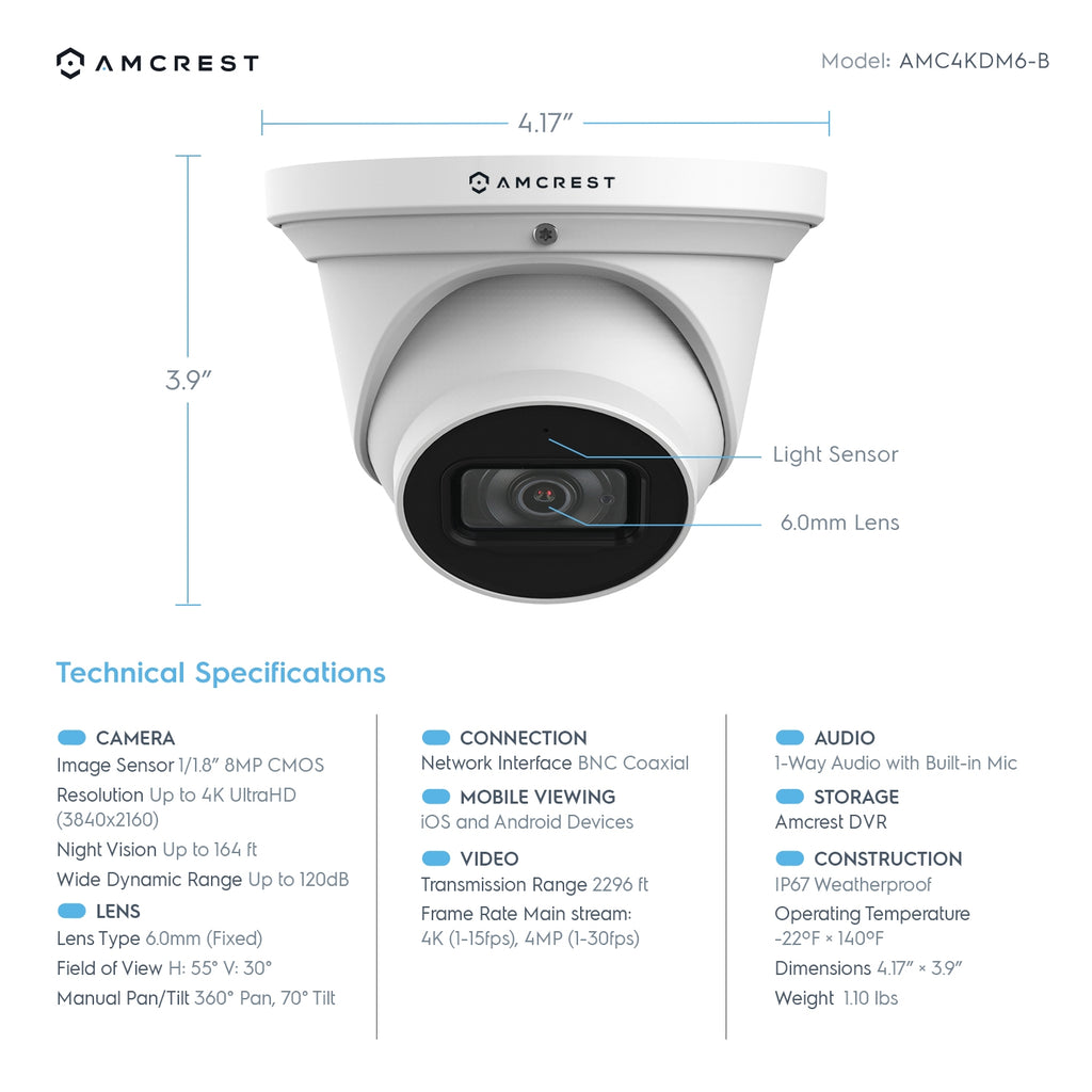 Amcrest 4K Dome Outdoor Security Analog Camera 6mm IP67 AMC4KDM6-W
