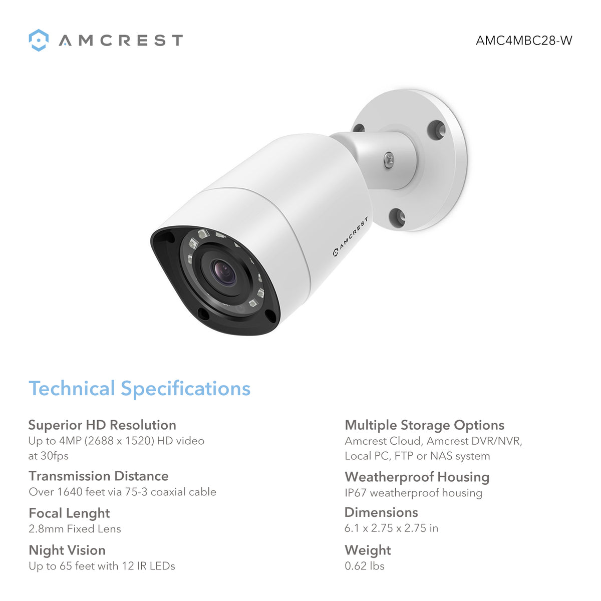 Amcrest 4MP Analog Bullet Security Camera White AMC4MBC28-W-V2