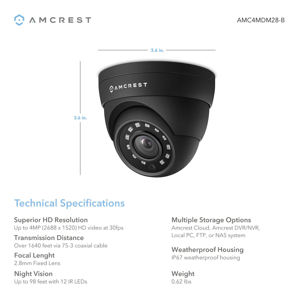 Amcrest Refurbished 4MP Dome Outdoor Security Camera, Black (REP-AMC4MDM28-B)