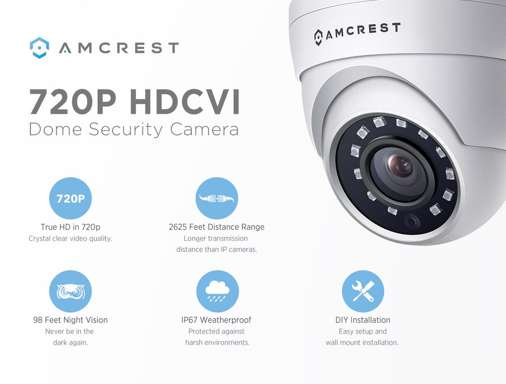 Amcrest HDCVI 720P 1280 TVL Dome Weatherproof IP66 Camera with 12 LEDs for Night Vision, Long Distance Range up to 1640ft, 1 Year Warranty, and More (White) - Power supply and coaxial video cable are NOT INCLUDED