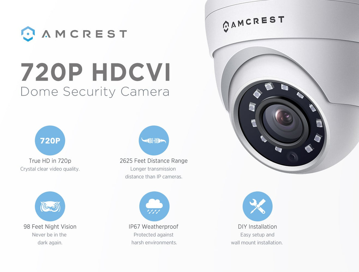 Amcrest HDCVI 720P 1280 TVL Dome Weatherproof IP66 Camera with 12 LEDs for Night Vision, Long Distance Range up to 1640ft, 1 Year Warranty, and More (White) - Power supply and coaxial video cable are NOT INCLUDED