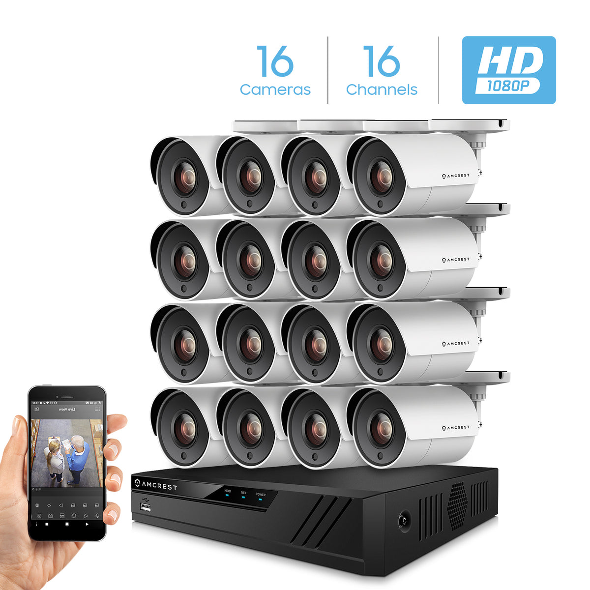Amcrest ProHD 2-Megapixel 16CH Video Security System with Sixteen2.0 MP (1920TVL) Outdoor IP67 Bullet Cameras, 98ft Night Vision, Pre-Installed 2TB Hard Drive, (AMDV20M16-16B-W)