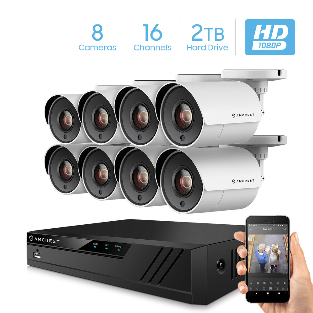 Amcrest ProHD 2-Megapixel 16CH Video Security System with Eight 2.0 MP (1920TVL) Outdoor IP67 Bullet Cameras, 98ft Night Vision, Pre-Installed 1TB Hard Drive, (AMDV20M16-8B-W)
