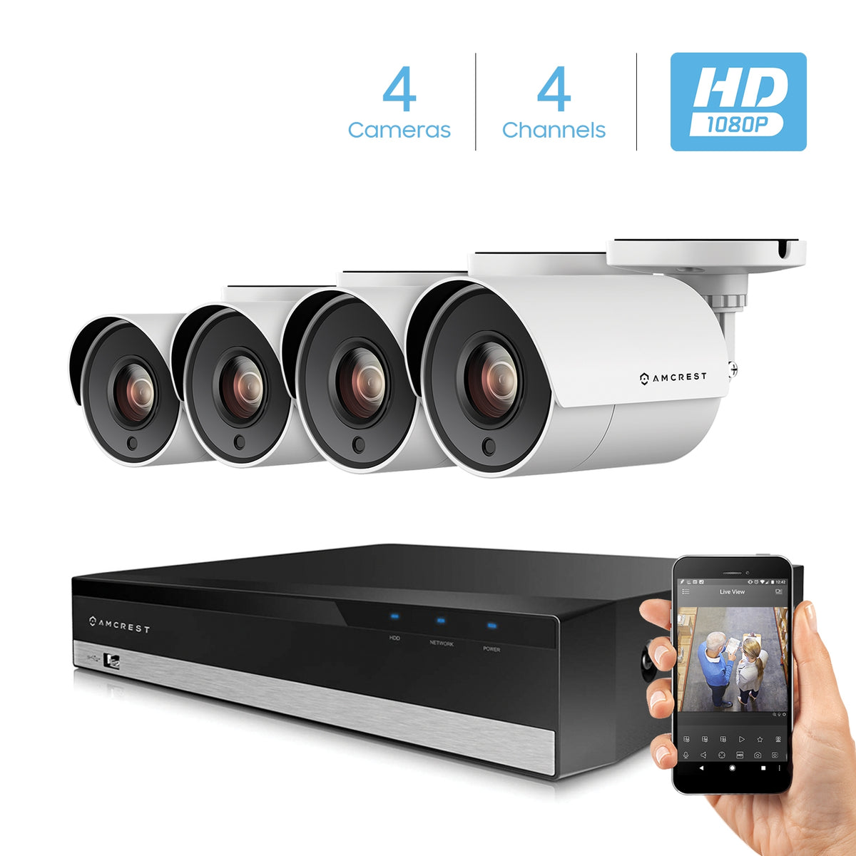 Amcrest ProHD 2-Megapixel 4CH Video Security System with Four 2.0 MP (1920TVL) Outdoor IP67 Bullet Cameras, 98ft Night Vision, Pre-Installed 1TB Hard Drive, (AMDV20M4-4B-W)