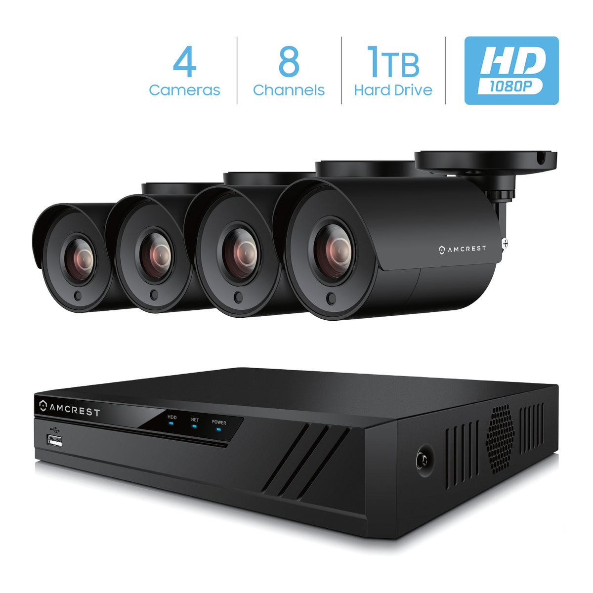 Amcrest ProHD 2-Megapixel 8CH Video Security System with Four 2.0 MP (1920TVL) Outdoor IP67 Bullet Cameras, 98ft Night Vision, Pre-Installed 1TB Hard Drive, (AMDV20M8-4B-B)