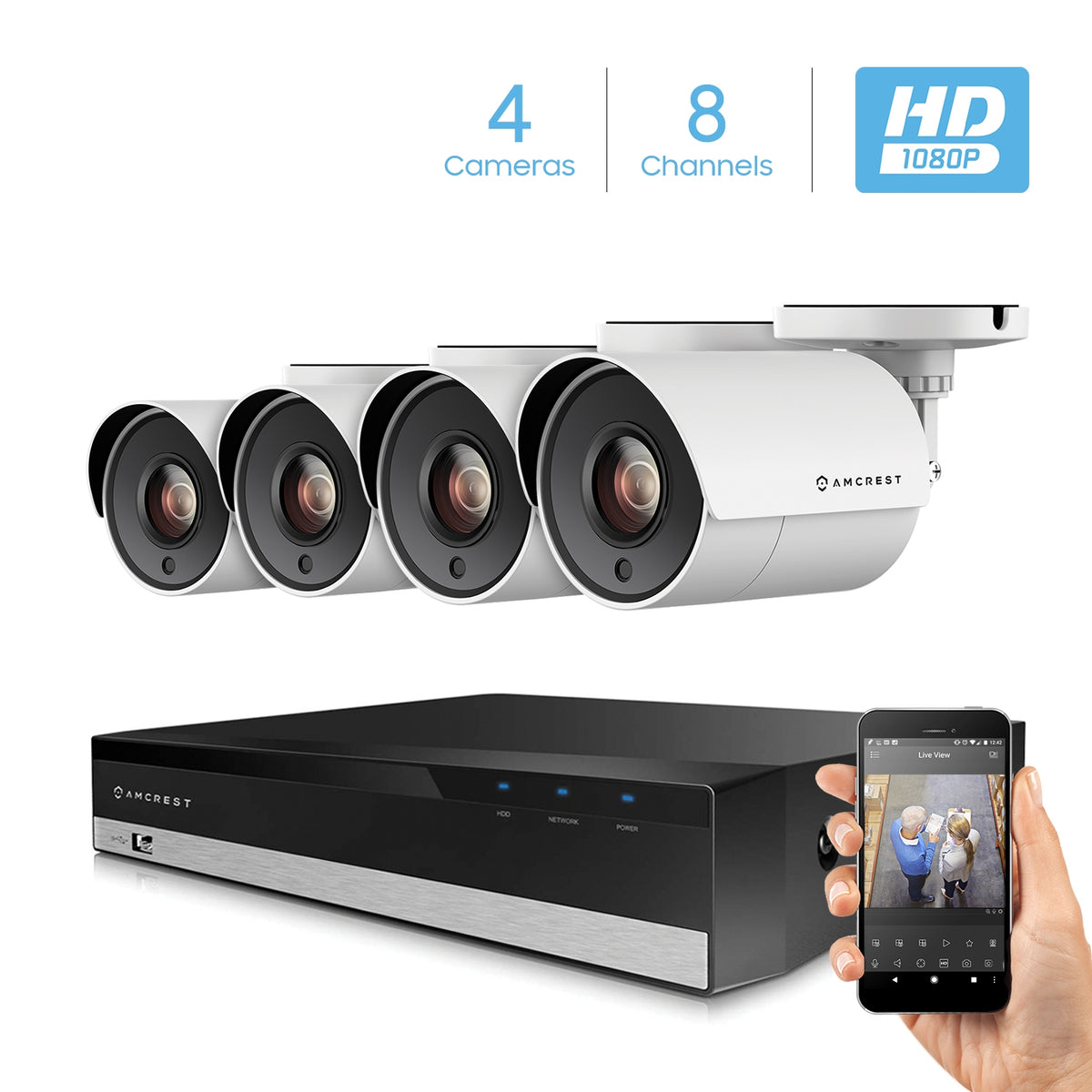 Amcrest ProHD 2-Megapixel 8CH Video Security System with Four 2.0 MP (1920TVL) Outdoor IP67 Bullet Cameras, 98ft Night Vision, Pre-Installed 1TB Hard Drive, (AMDV20M8-4B-W)