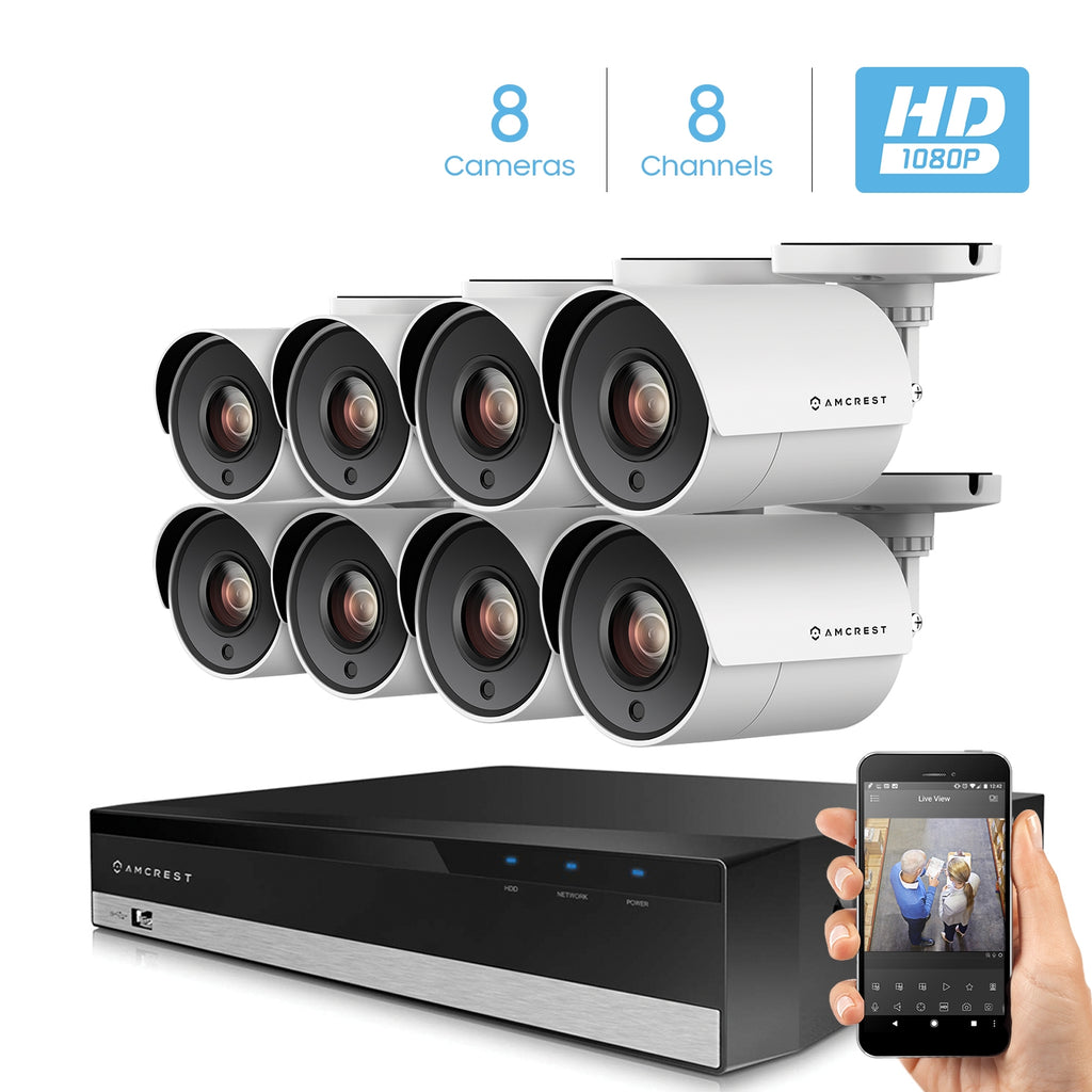 Amcrest ProHD 2-Megapixel 8CH Video Security System with Eight 2.0 MP (1920TVL) Outdoor IP67 Bullet Cameras, 98ft Night Vision, Pre-Installed 1TB Hard Drive, (AMDV20M8-8B-W)