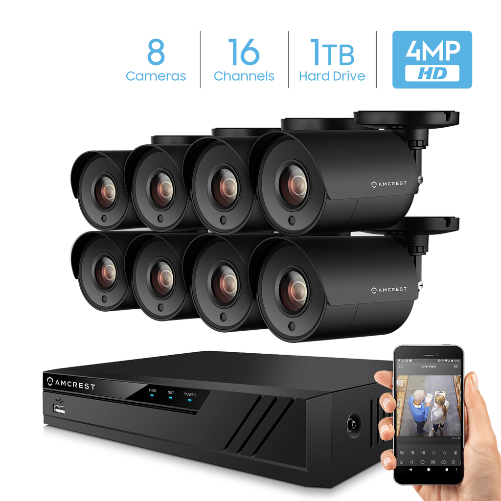 Amcrest UltraHD 4-Megapixel 16CH Video Security System with Eight 4.0MP Outdoor IP67 Bullet Cameras, 98ft Night Vision, Pre-Installed 1TB Hard Drive, (AMDV40M16-8B-B)