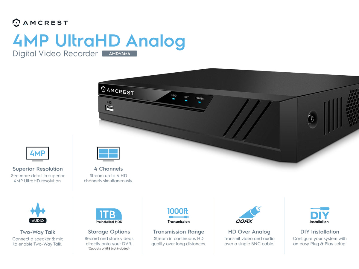 Amcrest UltraHD 4-Megapixel 4CH Video Security System with Four 4.0MP Outdoor IP67 Bullet Cameras, 98ft Night Vision, Pre-Installed 1TB Hard Drive, (AMDV40M4-4B-B)