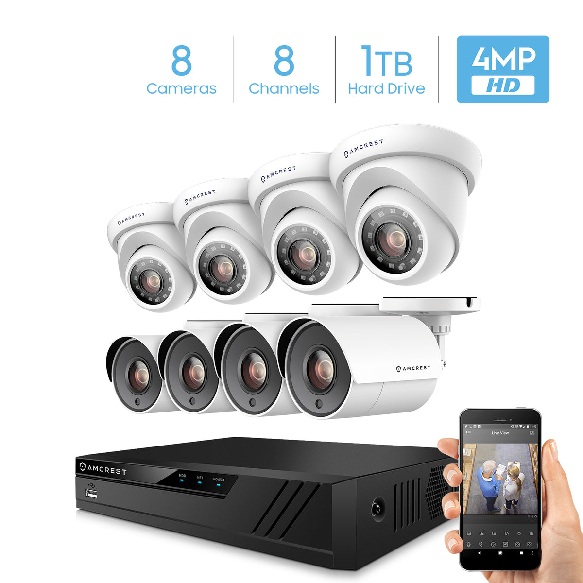Amcrest UltraHD 4-Megapixel 8CH Video Security System with Eight 4.0MP Outdoor IP67 Bullet & Dome Cameras, 98ft Night Vision, Pre-Installed 1TB Hard Drive, (AMDV40M8-4B4D-W)