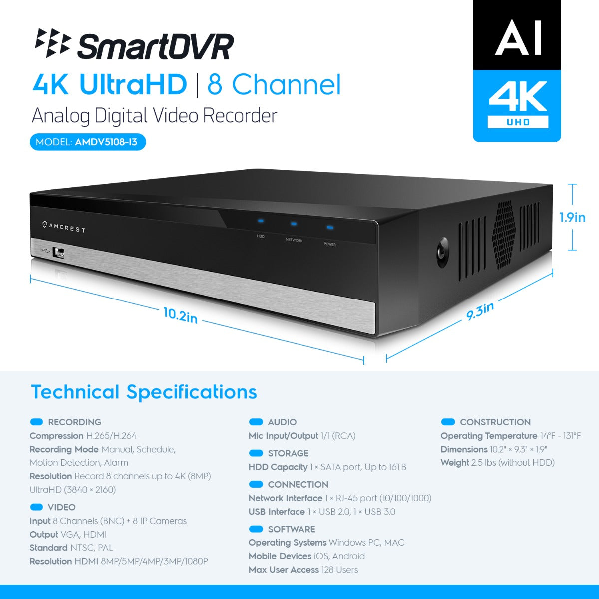 Amcrest 4K UltraHD 8 Channel AI DVR Security Camera System Recorder, 8MP Security DVR for Analog Security Cameras & Amcrest IP Cameras, AI Smart DVR, Pre-Installed 2TB HDD (AMDV5108-2TB)