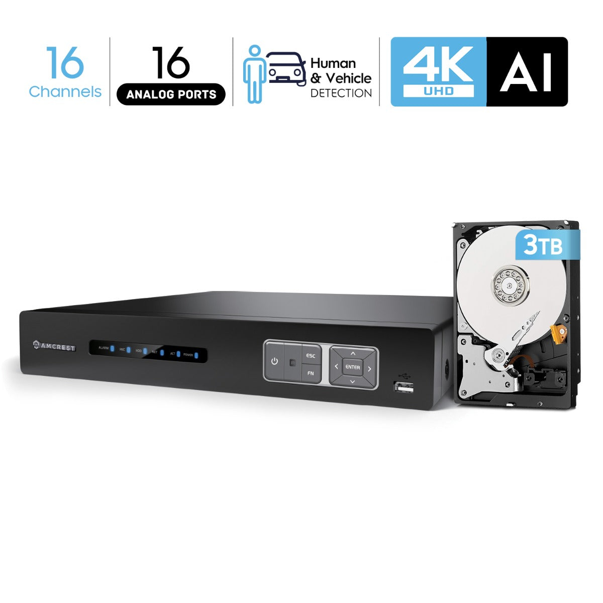 Amcrest 4K UltraHD 16 Channel AI DVR Security Camera System Recorder with Preinstalled 3TB HDD, 8MP Security DVR for Analog Security Cameras & Amcrest IP Cameras, AI Smart DVR, Cameras NOT Included (AMDV5116-3TB)