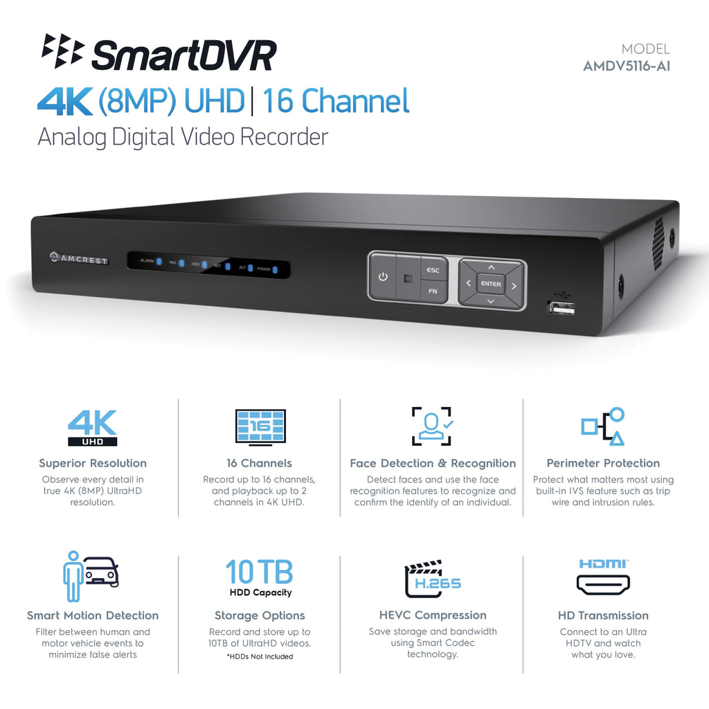 Amcrest 4K UltraHD 16 Channel AI DVR Security Camera System Recorder with Preinstalled 3TB HDD, 8MP Security DVR for Analog Security Cameras & Amcrest IP Cameras, AI Smart DVR, Cameras NOT Included (AMDV5116-3TB)