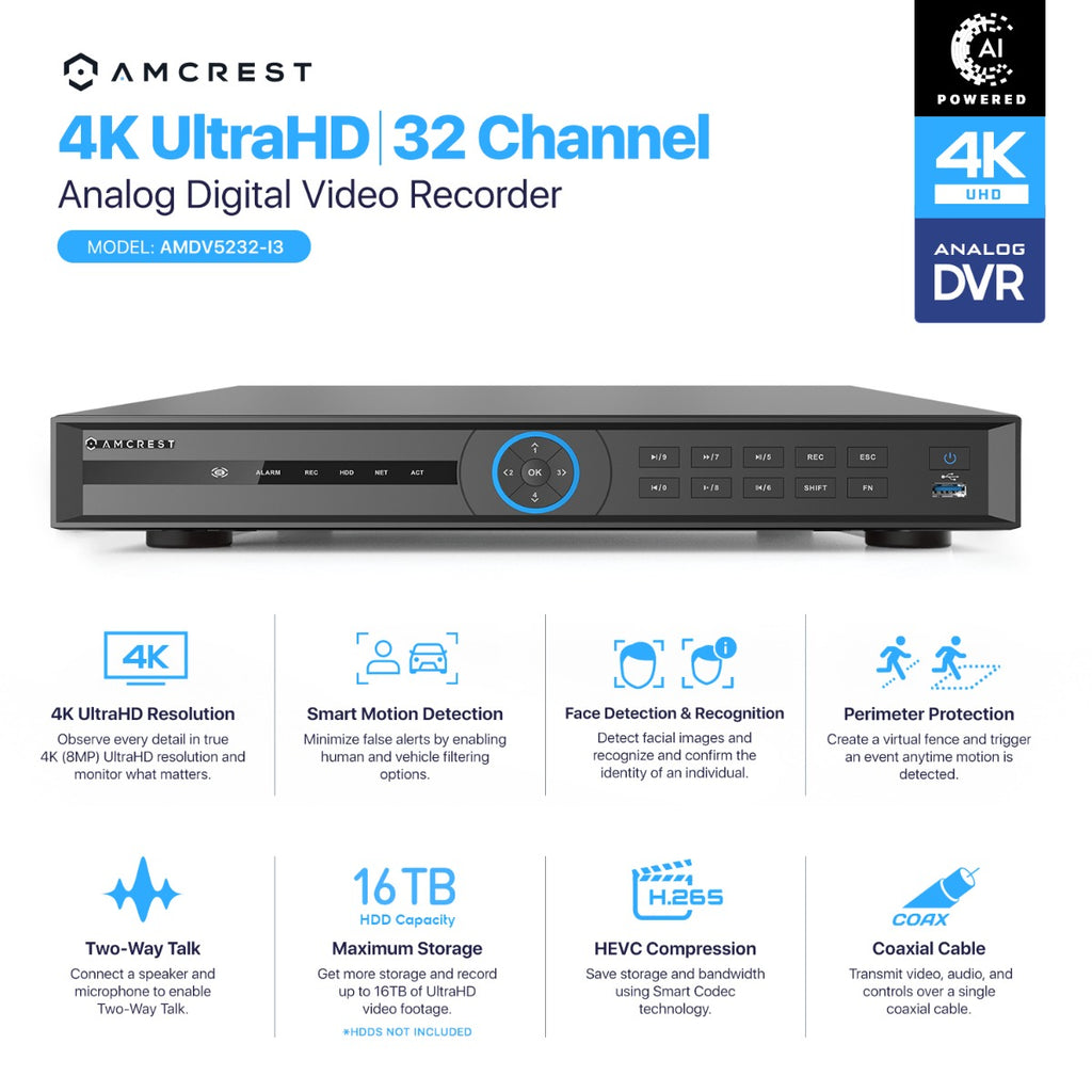 Amcrest 4K UltraHD 32 Channel AI DVR Security Camera System Recorder, 8MP Security DVR for Analog Security Cameras & Amcrest IP Cameras, AI Smart DVR, HDD & Cameras NOT Included (AMDV5232-I3)