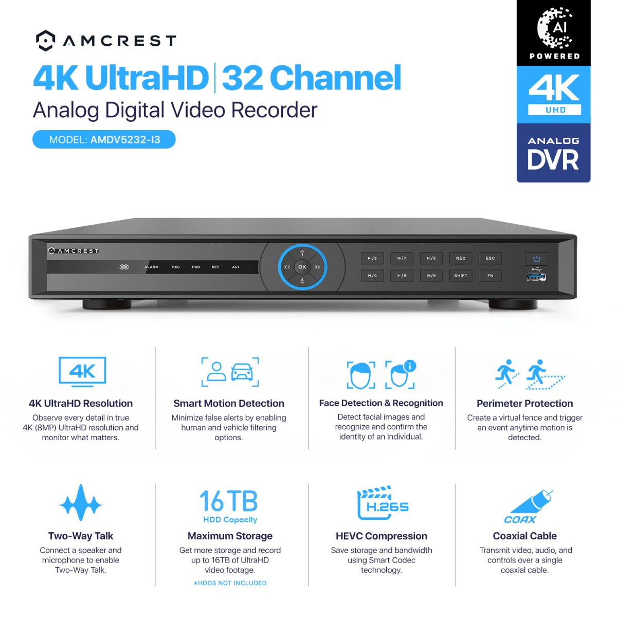 Amcrest 4K UltraHD 32 Channel AI DVR Security Camera System Recorder, 8MP Security DVR for Analog Security Cameras & Amcrest IP Cameras, AI Smart DVR, HDD & Cameras NOT Included (AMDV5232-I3)