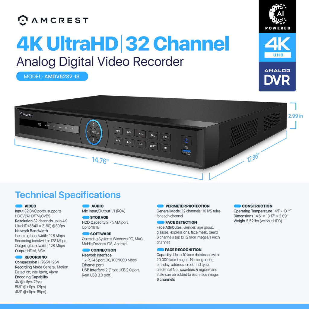 Amcrest 4K UltraHD 32 Channel AI DVR Security Camera System Recorder, 8MP Security DVR for Analog Security Cameras & Amcrest IP Cameras, AI Smart DVR, HDD & Cameras NOT Included (AMDV5232-I3)