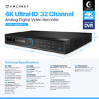 Amcrest 4K UltraHD 32 Channel AI DVR Security Camera System Recorder, 8MP Security DVR for Analog Security Cameras & Amcrest IP Cameras, AI Smart DVR, HDD & Cameras NOT Included (AMDV5232-I3)