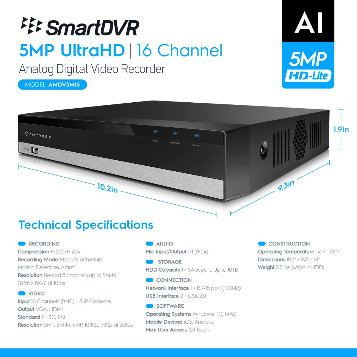 Amcrest 5-Megapixel UltraHD 16 Channel DVR Security Camera System Recorder, 5-Megapixel Security DVR for Analog Security Cameras, Remote Smartphone Access, Cameras NOT Included, Pre-Installed 3TB Hard Drive (AMDV5M16-3TB)