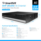 Amcrest 5-Megapixel UltraHD 16 Channel DVR Security Camera System Recorder, 5-Megapixel Security DVR for Analog Security Cameras, Remote Smartphone Access, Cameras NOT Included, Pre-Installed 4TB Hard Drive (AMDV5M16-4TB)