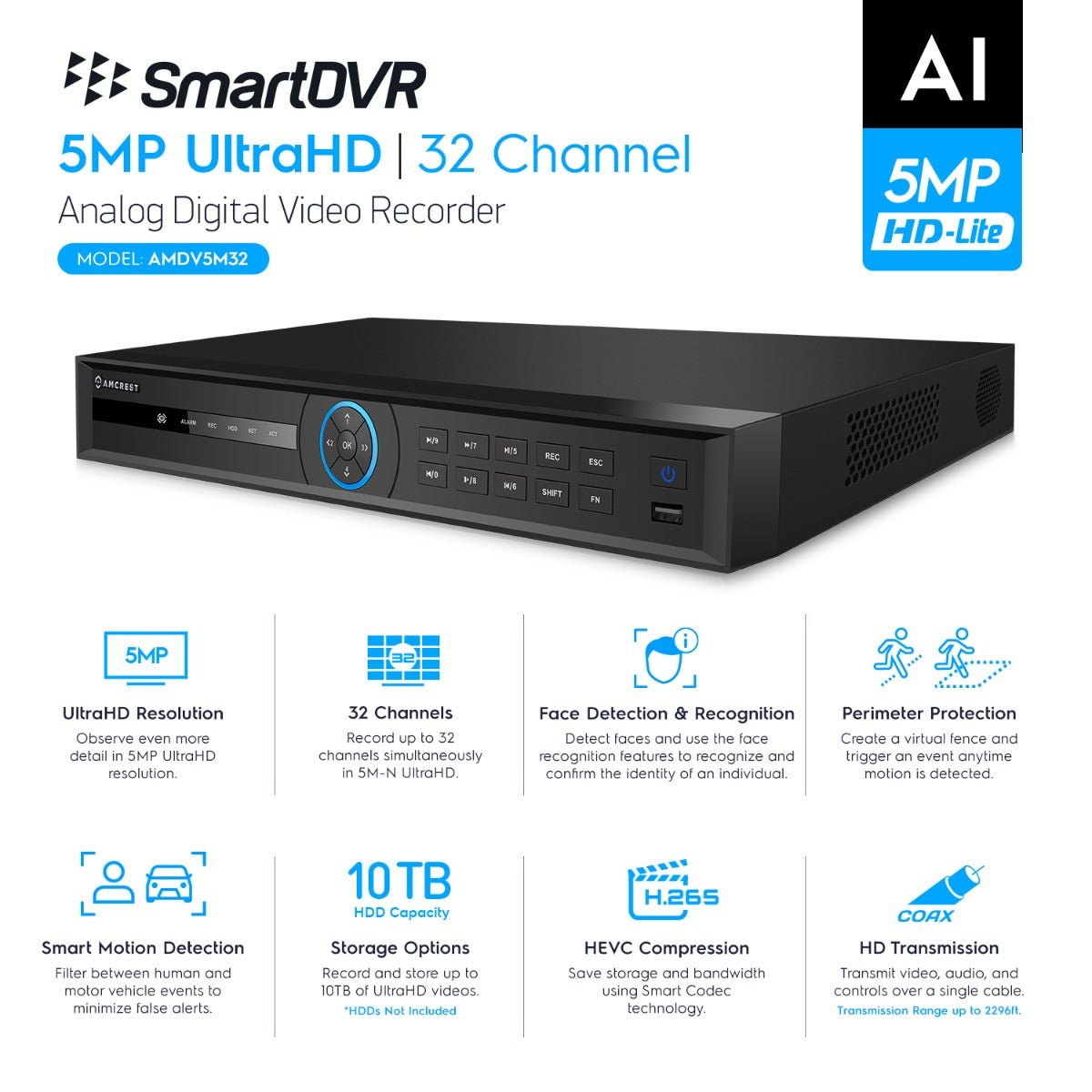 Amcrest 5-Megapixel UltraHD 32 Channel DVR Security Camera System Recorder, 5-Megapixel Security DVR for Analog Security Cameras, Remote Smartphone Access, Pre-Installed 4TB Hard Drive (AMDV5M32-4TB)