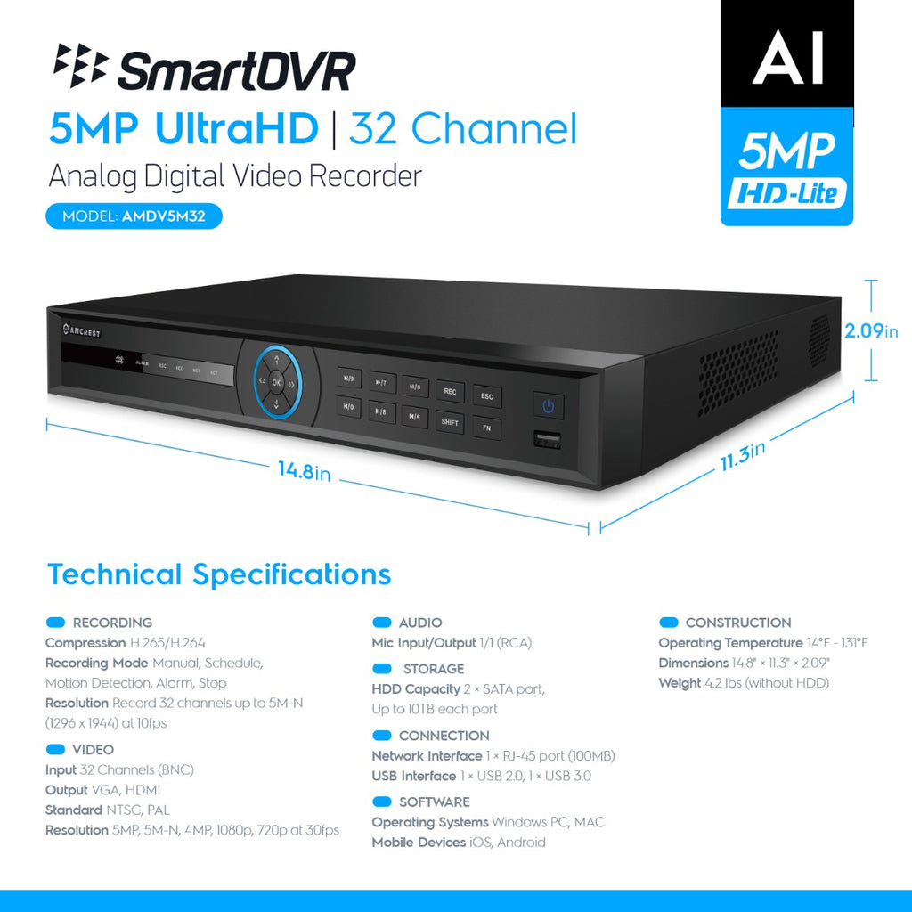 Amcrest 5-Megapixel UltraHD 32 Channel DVR Security Camera System Recorder, 5-Megapixel Security DVR for Analog Security Cameras, Remote Smartphone Access, Pre-Installed 4TB Hard Drive (AMDV5M32-4TB)