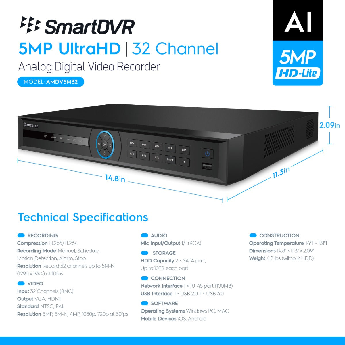 Amcrest 5-Megapixel UltraHD 32 Channel DVR Security Camera System Recorder, 5-Megapixel Security DVR for Analog Security Cameras, Remote Smartphone Access, Pre-Installed 6TB Hard Drive (AMDV5M32-6TB)