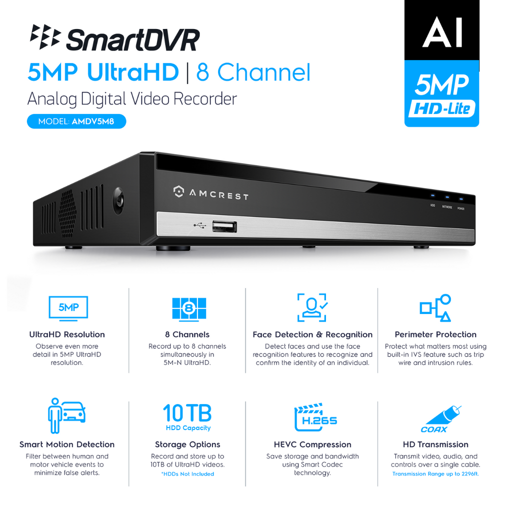 Amcrest 5-Megapixel UltraHD 8 Channel DVR Security Camera System Recorder, (4) x 5-Megapixel IP67 Weatherproof Turret Analog Cameras, Pre-Installed 2TB Hard Drive, AMDV5M8-4TN-W-2TB