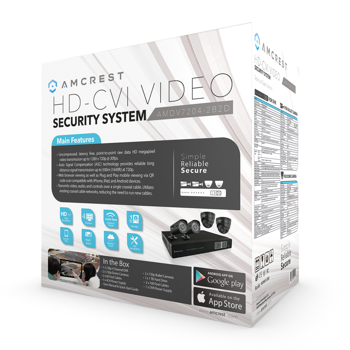 Amcrest ProHD 720P 4CH Video Security System - Four 1.0-Megapixel (1280TVL) Outdoor IP67 Bullet & Dome Cameras, 1TB HDD, Night Vision, Remote Smartphone Access, White Mid (AMDV7204M-2B2D-W)