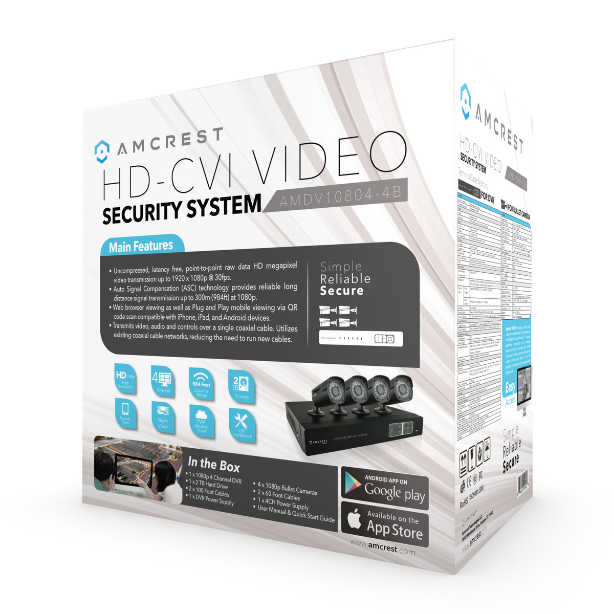 Amcrest ProHD 1080P 4CH Video Security System - Four 2.1-Megapixel (1920TVL) Outdoor IP67 Bullet Cameras, 2TB HDD, Night Vision, Remote Smartphone Access, White Mid (AMDV10804-4B-W)