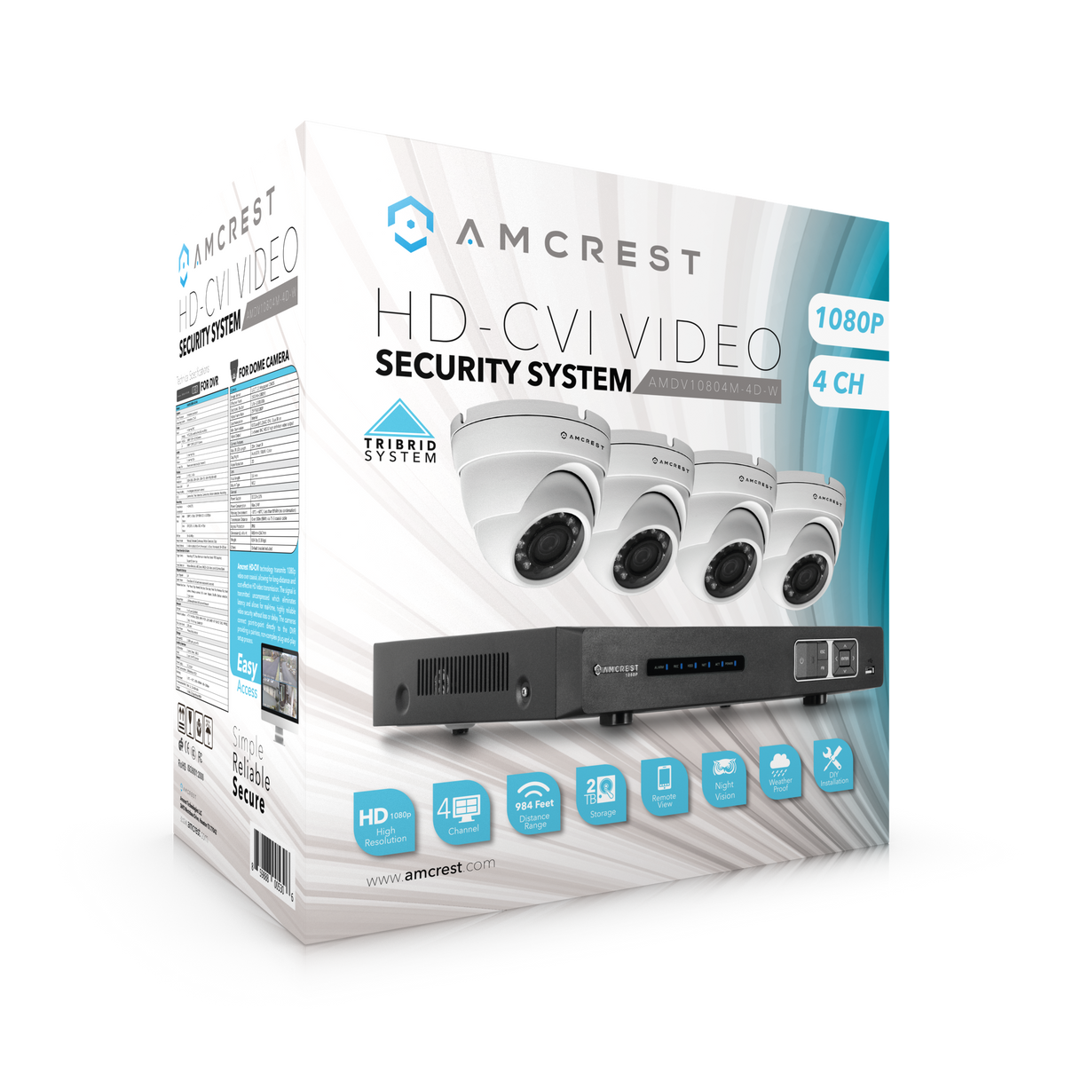 Amcrest ProHD 1080P 4CH Video Security System - Four 2.1-Megapixel (1920TVL) Outdoor IP67 Dome Cameras, 2TB HDD, Night Vision, Remote Smartphone Access, White Mid (AMDV10804-4D-W)